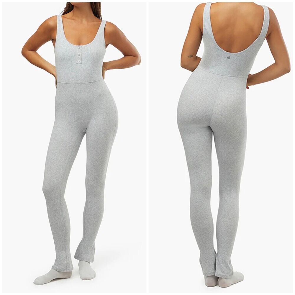 WeWoreWhat Henley Flare Leg Jumpsuit Gray Stretch Cotton Athleisure Small NWT